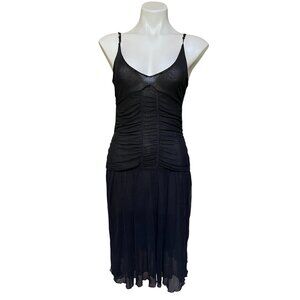 Black Ruched Sheer Mesh Tulle Corset Midi Dress w Drop Waist & Sweetheart Neck